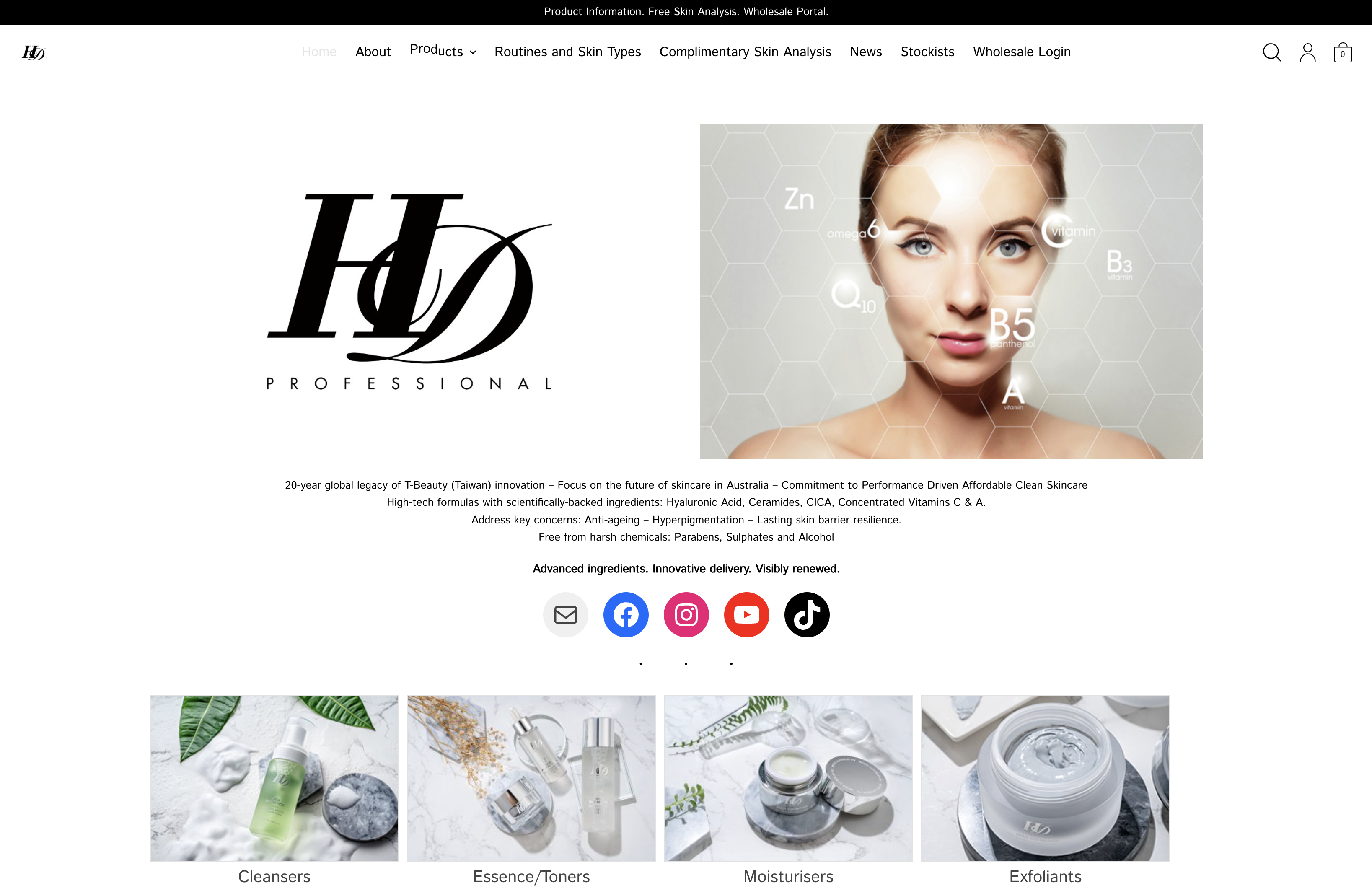 HD Professional skincare wholesale website screenshot